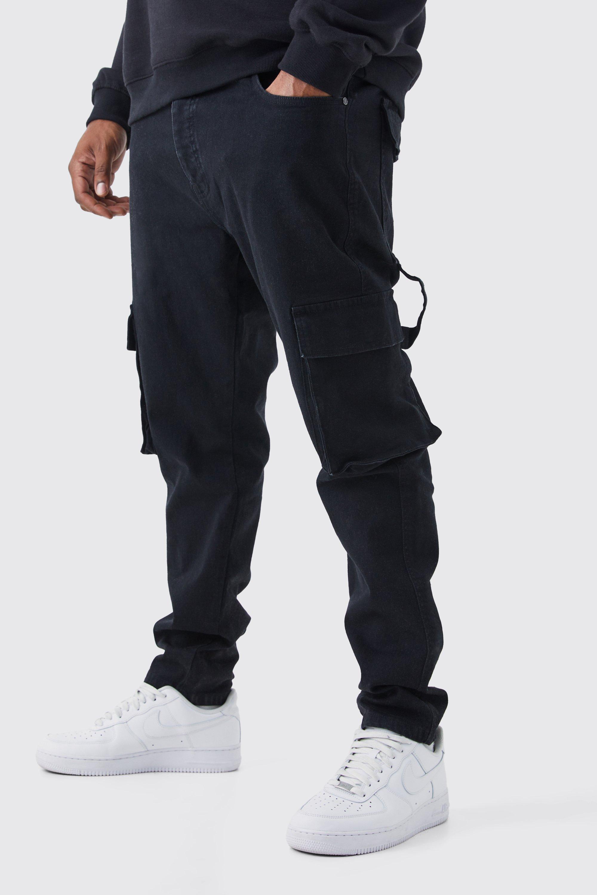 Mens Black Plus Skinny Stretch Carpenter Cargo Jeans, Black